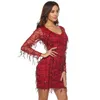 Shining Glitter Mini Tassel Fringe Sequin Red Dress Mesh långärmad sexig julfestklänningar vestido de noche casual