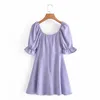 Sweet Square Collar Short Sleeve Women Dress Vintage Slim Fit with Lotus Leaf Sleeves Solid Color Chic Female Mini Dresses 210507