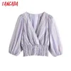 Tangada femmes mode rayé tunique chemise courte Vintage col en V manches bouffantes femmes chemises Blusas Chic hauts BE524 210609