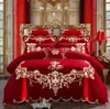 Conjunto de cama de luxo Dragon Phoenix Bordado Vermelho Estilo Chinês Casamento 100% Algodão 4/6 Pcs Princesa Roupas de Cama Capa de Edredão Lençol Fronhas de Linho