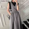 Runway Chic Dress Woman Summer V-neck Blue Jeans Vestido Clothing Korean High Waisted Street Long Female 210603