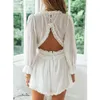 Deep V Neck Långärmad Rompers Overaller Kvinnor Vit Ruffle Wide Leg Sexig Backless Playsuits Höst Sheer Rompers 210415