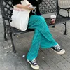 Erfrischende Sommer-Damen-Unterteile, grünes Karomuster, lockeres breites Bein, hohe Taille, gefaltete Hosen, koreanische Freizeithose, 2021 Q0801