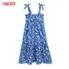 夏のファッション女性青い花プリントSundressノースリーブの背中のない女性のカジュアルロングドレスCE237 210416