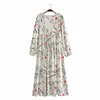 Fashion Bohemian Long Dresses Woman Floral Printing Dress Loose Lace Up Blouses 210421