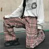 Harajuku plaid höst tunna lösa byxor kvinnor rosa full längd byxor streetwear bf stil pantaloner mujer våren 210925