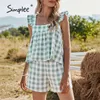 Salon Wear Boho Plaid Krótki Wzburzyć Bez Rękawów Luźne 2 sztuki Zestawy Wakacje Wakacje Kobieta Lato Zielone Garnitury 210414