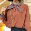 Kadın Bluzlar Gömlek Vintage Kadife Yay Kadın Bluz Standı Yaka Uzun Kollu Gevşek Rahat Bayanlar Kadın Tatlı Sevimli RE0338 Tops