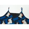 V Neck Spaghetti Strap Summer Sleeveless Midi Dress A Line Parrot Bird Blue D1328 210514