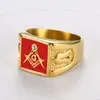 Anillos de sello de regalia masónica masónica Anillo de acero inoxidable para hombre de oro Anillo de boda de fraternidad de esmalte rojo pulido alto Anillo para mujer Joyería