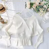 Women Knitted Sweater Tops V-neck Batwing Sleeve Slim With Belt Lady Ruffle Thin Short 210423