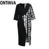 Women Plus Size Gothic Black Dress V Neck Half Sleeve Split Midi 5XL 4XL Print Casual Vintage Retro Modest Work Wear Dresses 210527