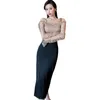 Casual Dresses Aristocratic Elegance Brought a Word Nets Yarn Long-sleeved Dress Cultivate Morality Split Package Hip Women