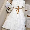 Wit linnen jurk es vrouwen hoge taille elegante korte mouw midden vrouwelijke vintage o-hals vestidos mujer lente 210603