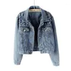 Womens Denim Jacket 가을 진 재킷 진주 캐주얼 2021 여성 코트 긴 소매 겉옷