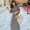 Lente bloem Print O-hals Midi Jurken Koreaanse elegante Mode Slanke Taille Lange Mouw Party Jurk Robe Femme Vestidos 210519