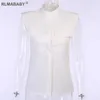 Elegancka podkładka na ramię Kobiety Tshirts White Turn-Down Colalr Single-Breasted Button Kieszenie Lato Kobiet Topy Office Lady Tshirts X0628