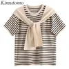 Kimutomo Striped поддельных двух частей футболки шали женские летние с коротким рукавом O-образным вырезом свободного повязки топ трикотаж корейский шик 210521