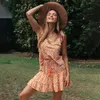 Jastie 2 pièces ensemble femmes Orange marguerite imprimer ensemble robe d'été bretelles plissées Mini Boho robes costume Gypsy plage femmes robe 210419