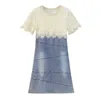 XL-5XL plus size women fashion lace denim dress Summer short sleeve o neck lace Patchwork casual female dresses vestido 210604