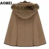 Casaco de Cashmere Cashmere Winter Outono Lã de Relógio Quente Com Removível Cole Chapéu Botão Duplo Feminino Outerwear Manteau 210416