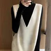 Вязаные платья женщины 2021 осень зима V-образным вырезом пуловер без рукавов длинное платье корейский стиль свободно жилет шерсть флис свитер юбка G1214
