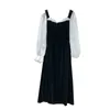 Vår patchwork kontrast färg klänningar kvinnor temperament kvadrat krage vestido feminino långärmad femme robe 210514