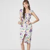 Ol temperament kantoor jurk zomer sexy sleevels bloem print slanke split vrouwelijke Koreaanse kleding 210529