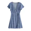 Jastie Retro Blue Floral Print Mini Dress V-Neck Krótki Rękaw Krawaty Talii Wrap Kobiety Sukienki Boho Summer Beach Vestidos 210419
