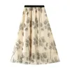 春の夏の長いチュールスカート女性韓国風の刺繍メッシュハイウエスト美屋のMidiプリーツメス210421