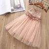 Girls Clothes Summer Dress Fashion Style Sleeveless Flower Mesh Stitching Princess Dresses Children 210515
