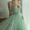 Mint Green Hearty Prom Dresses 2021 Tied Bow Straps Sweetheart Midi Prom Gowns Pockets Tea-Length Evening Party Dress