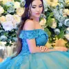 Blue Shoulder Elegant Off A-line Quinceanera Dresses Sleeveless Lace Appliques Beaded Floor Length Sweet 16 Prom Gowns