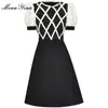 Sommar Mode Runway Black Mini Dress Women's Splicing Puff Sleeve Beading High Waist Short Party Vestidos 210524