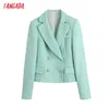 Kvinnor grön grödor tweed blazer coat vintage notched krage pocket mode kvinnliga casual chic toppar be571 210416