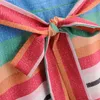 Kvinnor Vintage Striped Summer Dress Långärmad V-Neck Sashes Bow Tie A-Line Es Kvinna Elegant Street Mid-Calf 210513
