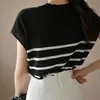 Short Sleeve Stripe Women Summer Loose High Quality OL Fashion Tops Geometric Knitted Thin Tee T-shirts 210421