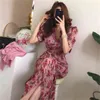 Korea Chic Summer elegante vrouwen Jurken V-hals met korte mouwen gebloemde jurk Vrouw Lange chiffon Office Lady Vestidos 210506