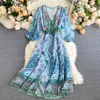 NEPLOE Floral Print Dress Women Indie Folk V Neck Puff Sleeve Semester Klänningar Elegant Split Chiffon Vestidos Femme 1d825 210423