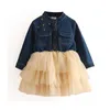 Lente herfst 2 3 9 10 jaar 90 100 140 cm Kinderen schattige kant patchwork volledige lange mouw baby meisjes denim jurk met glitter 210625