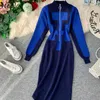 Neploe Geometric Pattern Panelled Patchwork Dresses Women Stand Collar Zip Femme Vestidos Fashion New Knitted Bodycon Dress 210423