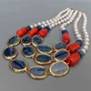 Y·YING Natural 3strands Blue Kyanite Red Coral Real White Pearl statement Necklace Female Jewelry 18"