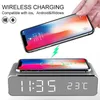 Electric LED Alarm Clock With Mobile Phone Wireless Charger HD Mirror Time Memory Digital Thermometer 210804