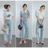 Fansilanen kontor Lady100% Bomull Ljusfärg Rippade Jeans Kvinnor Sommar Straight Loose Casual High-Waisted Pants 210607