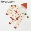 Весна и осень Домашний Сервис Костюм Baby Romper Печатная + Высокая Талия Брюки Шляпа Три частя 210515