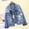 Women's Jackets 2022 Autumn Women Denim Jacket Embroidery Three-dimensional Floral Jeans Beading Pearl Ripped Hole Bomber Outerwear P778