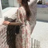 Vintage Puff Sleeve Floral Dress Elegant Chiffon Kvinnor V-Neck Koreanska Sommar Slim Design Casual Beach Party Y2K 210604