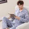 Printemps Automne Pyjama Ensembles Costume Tricoté Coton Casual À Manches Longues Vêtements De Nuit Plaid Home Wear Plus La Taille Pyjamas Confortables Pour Hommes 211019