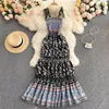 Summer Women Casual Floral Print Long Dress Vintage Bohemia Spaghetti Strap Ruffled Ladies Beach 210430