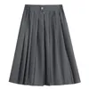 Skirts Women High Waist Midi Skirt 2021 Vintage Style Elastic Ladies A Line Gray Fashion School Casual Pleated